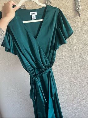 Nicole Miller Emerald Green Satin Maxi Dress with Tie Waist